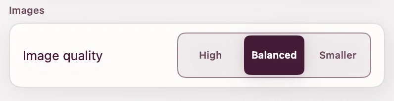 ExportForWeb image settings showing High, Balanced, and Smaller image quality choices