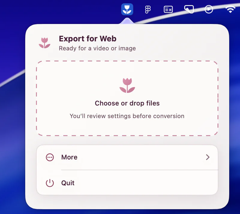 ExportForWeb menu-bar window with a drop zone for videos and images